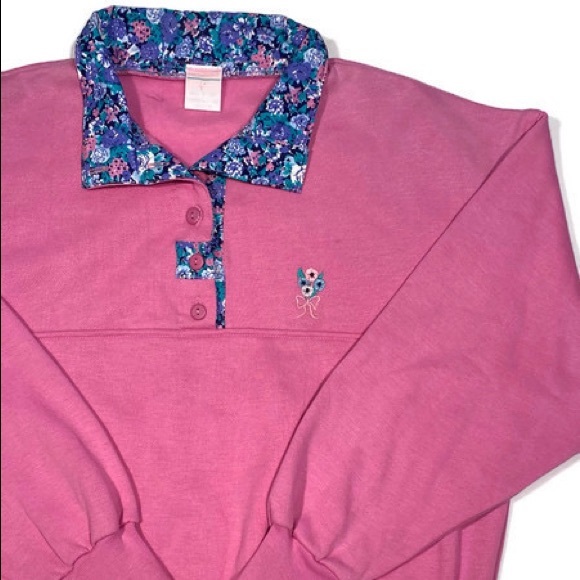 Vintage Pink Crewneck w/ Floral Collar - Picture 3 of 5